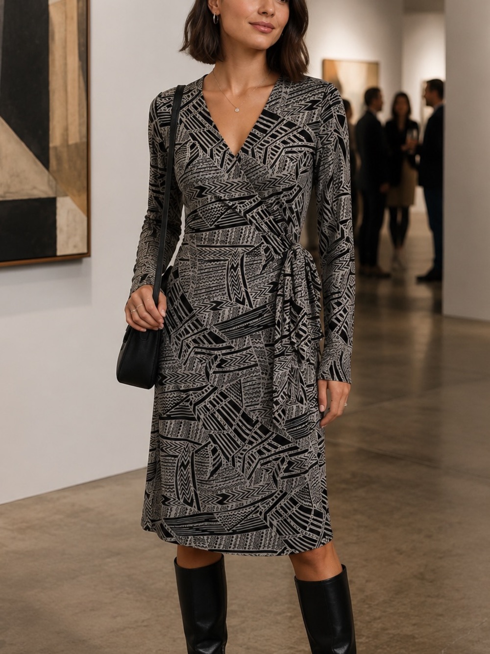 Veronica M Geometric Wrap Dress in Black and Gray